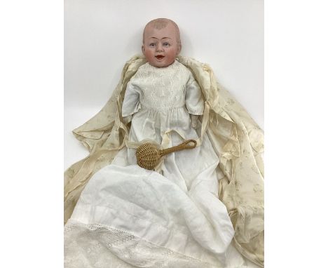 German antique Gesch 216 intaglio Eye character shoulder head &nbsp;baby doll on soft core body in antique dress and silk pri