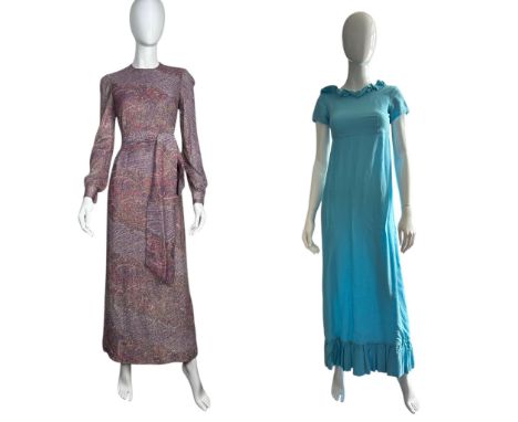 A 1960s empire line evening gown with American Union tag &nbsp;in turquoise linen, a 1960s psychedelic lurex gown by Pierre C