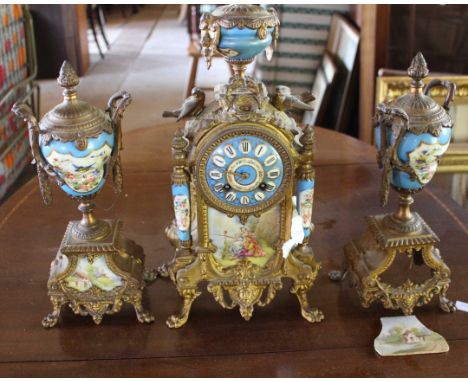 Vintage Mantel Clock Garniture Set Brass &amp; Porcelain, untested and may need work/repair