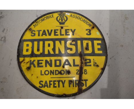 A genuine local interest enamel road sign for Staveley Burnside and Kendal by the AA