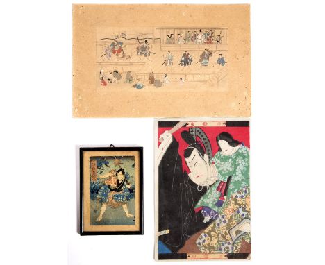 A collection of watercolours and woodblock prints  Japanese, 19th/20th century  including five framed and one unframed woodbl