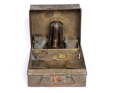 Brass opium travelling case Chinese, 20th century consisting of a hinged construction, with inner compartments and a glass la