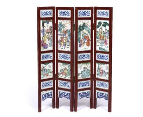 Four fold table screen Chinese, late 19th Century made up of polychrome and blue and white tile panels including garden terra