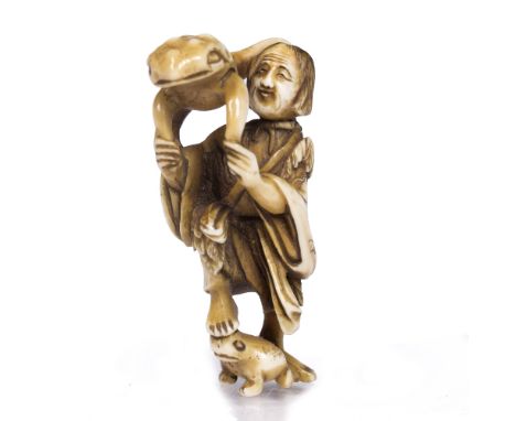 Ivory netsuke of a standing Gama Senin Japanese, late Meiji resting his right foot on a three legged toad while holding a lar