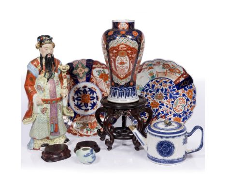 Group of pieces Chinese &amp; Japanese including stands, Fitzhugh pattern teapot, Imari vase and dishes, brush washer and sta