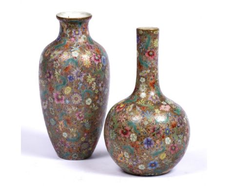 Bottle vase Chinese, Republic period of gold ground with mille-fleur enamel painting, blue Qianlong seal mark 22cm and a simi