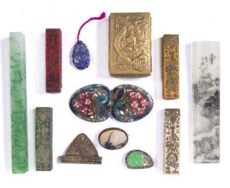 Group of enamel brooches, buckles, ink stones and jadeite Chinese, 20th Century