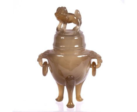 Carved agate censer and cover Chinese, late 19th Century with kylin finial on three feet 10cm