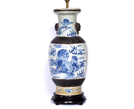 Crackleware vase/table lamp Chinese, 19th Century painted in underglaze blue with dogs of fo, clouds and flaming pearls 45cm 