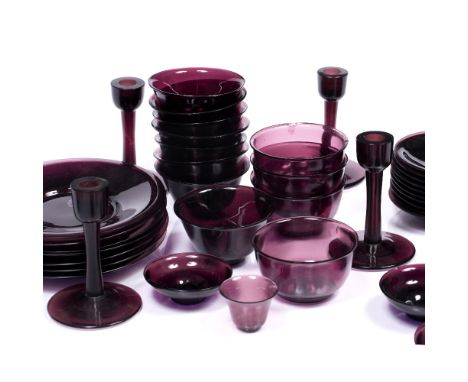 Large collection of Peking glass Chinese, 19th/20th Century amethyst coloured, comprising  four candlesticks, seven small cup
