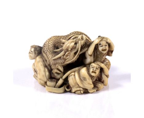 Ivory Netsuke  Japanese, late Meiji period four men partaking of a Cha-no-yu ceremony standing and crouching from the appeara