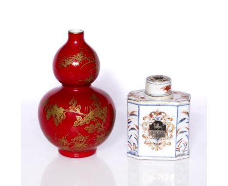 Imari decorated tea caddy  Chinese, 18th century  hand-decorated octagonal-form, and a Chinese red glazed double gourd vase 1