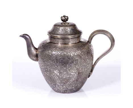 White metal teapot Chinese 19th Century engraved with trailing foliage and ru-i handle and palmette base 19cm high