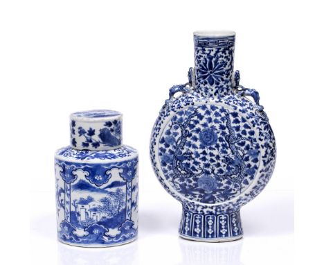 Blue and white moon flask Chinese, 19th Century with dragon and Indian lotus decoration 35cm a Chinese blue and white jar and