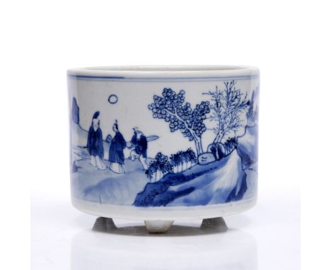 Blue and white bitong Chinese, Kangxi (1662-1722) of cylindrical form supported on tripod stud feet, the body decorated with 