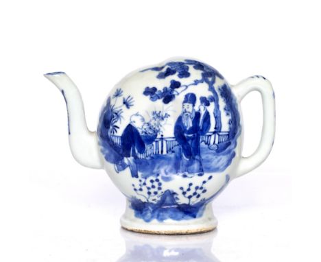 Blue and white Cadogan teapot Chinese, 19th Century depicting two figures in a garden on one side and a waterfall to the othe