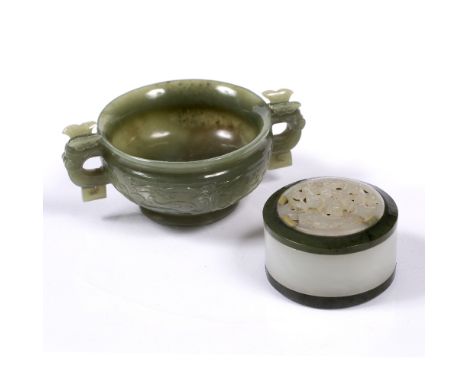 Jade archaic spinach-green censer Chinese, 19th Century 11cm and a Chinese jade circular box and cover carved with dragon, 5.