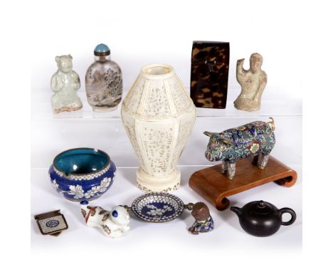 Group of Chinese pieces to include Song type figures, bronze money clip, Yixing teapot, whistle, cloisonne pig, snuff bottle 