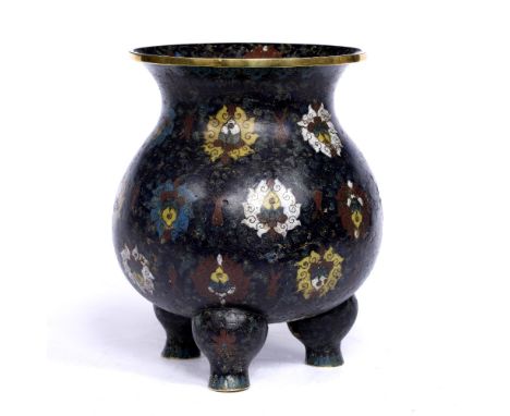 Cloisonne enamel vase  Chinese, late Ming of baluster form with waisted neck, supported upon bulbous tripod feet, the body de