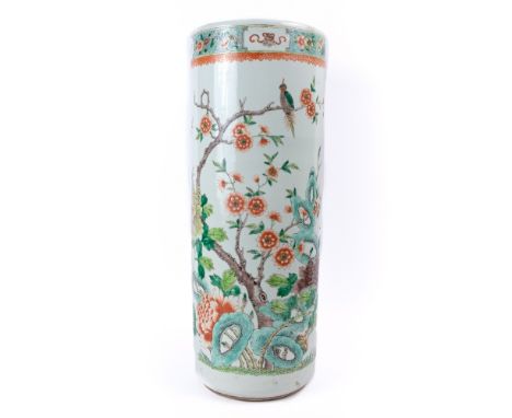 Famille-vert stick stand Chinese, late19th/early 20th Century decorated in enamels with birds, peonies and blossom 62cm high