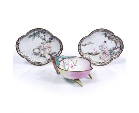 Pair of quatrefoil enamel small trays Chinese, 18th Century each painted with two figures at water's edge 12cm across and a C