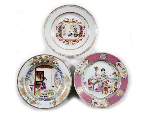 Famille rose bowl and plate Chinese, mid 18th Century painted in enamel with various figures 22.5cm and one Yongzheng style f