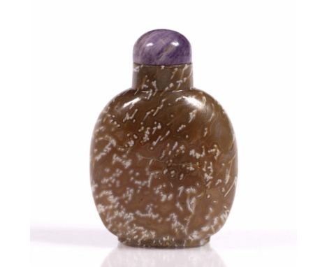 Beijing Khaki glass snuff bottle Chinese, 1850-1880 of flattened rounded form with white rice grain style flecking with round