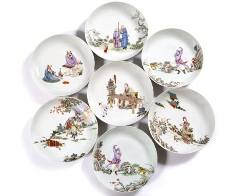 Group of nine polychrome enamel shallow dishes Chinese, 19th Century painted in enamels with various interior garden scenes t