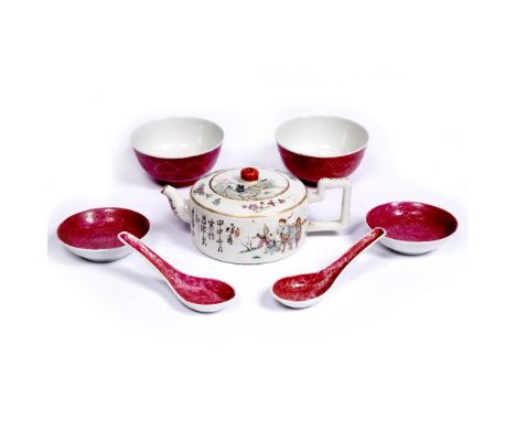 Porcelain famille rose teapot Chinese, late 19th Century painted with a carriage and figures, overglaze red seal mark and two