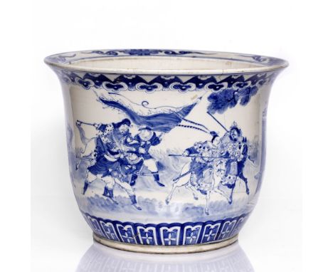 Large blue and white planter Chinese, 19th Century depicting a battle scene all around, with a scroll border to the top and m