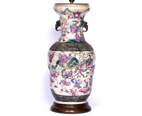 Crackleware vase/table lamp Chinese, late 19th Century painted with warrior scenes 43cm high