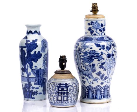 Blue and white vase Chinese, 19th century later converted to a lamp, depicting dragons 39 cm together with a small jar conver