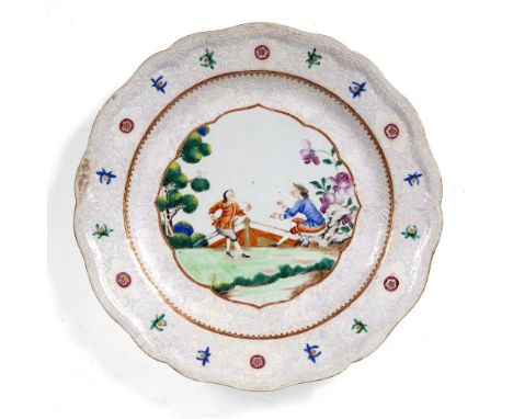 Famille rose export porcelain wavy-rimmed dish Chinese, Kangxi (1662-1722) decorated with a central scene of two European gen