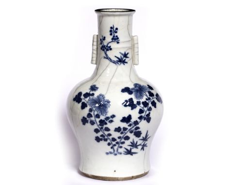 Crackle ware arrow vase Chinese, 19th Century with raised peonies in blue 34cm high