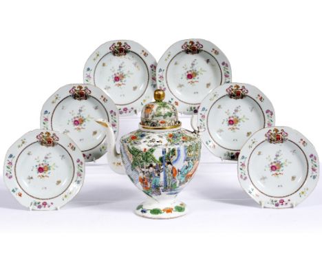 Set of six Armorial porcelain shallow bowls Chinese, 18th Century each with famille rose decoration 16cm and a famille verte 