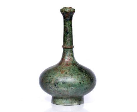 Bronze vase Chinese bottle form, the squat globular body painted in green and brown supporting a tapered cylindrical neck wit