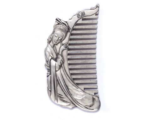 Silver comb Chinese, export&nbsp;the frame work modelled as a sleeping Geisha, stamped with two character silver mark 9.4cm x