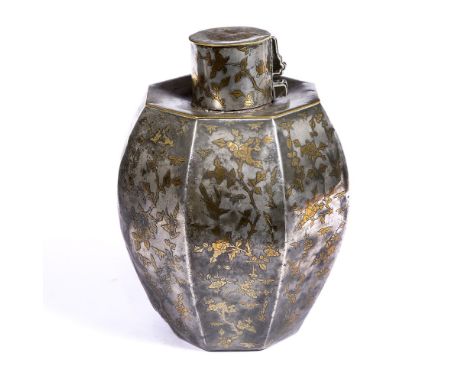 Large pewter tea caddy Chinese, late 18th/19th Century of octagonal form, each panel having gilded birds and blossom&nbsp;28.