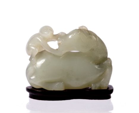 White jade horse and monkey Chinese, 19th Century carved with the horses head turned towards the back and with the monkey hol