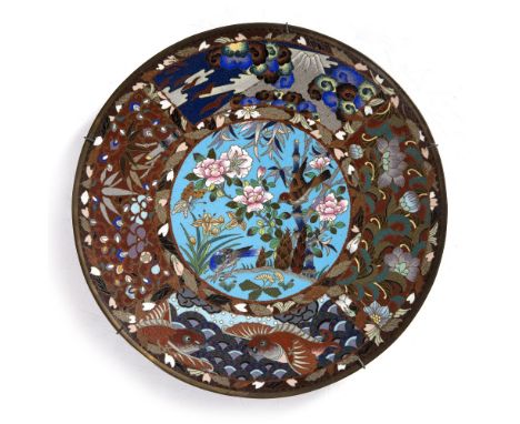 Cloisonne enamel dish Japanese, Meiji Period centrally decorated with birds and flowers amidst shrubs on sky blue ground with