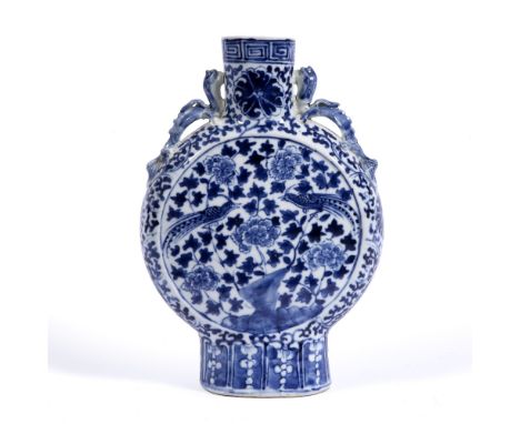 Blue and white moon flask Chinese, 19th Century painted with two phoenix and flowering lotus 27cm