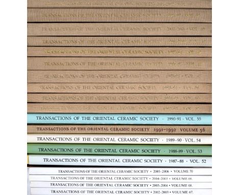Transactions of the Oriental Ceramic Society 1987-2002 vol. 52 - 66 (15) and four paper bound vols. 67 - 70, 2002-2006
