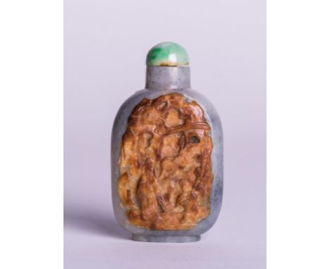 Qing dynasty; gray and white jade snuff  bottle with front side, a large area of skin  carved figures in mountain scene in hi