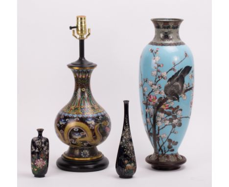 19th century; one dragon motif lamp, three  Japanese vases; tallest (19 1/2 in. h),  shortest (6 in. h)