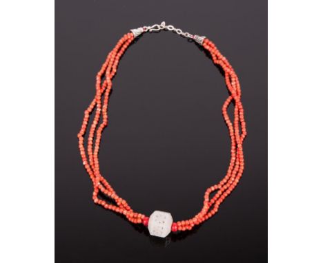 Qing dynasty; coral beads necklace enter by  an hexagonal white jade beads carved in open  work; white jade pendant; 16 7/8 i