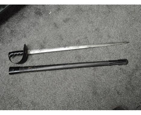 A 19th century British Naval Cutlass having black bowl guard, leather and metal scabbard, straight blade, blade length 74cm, 