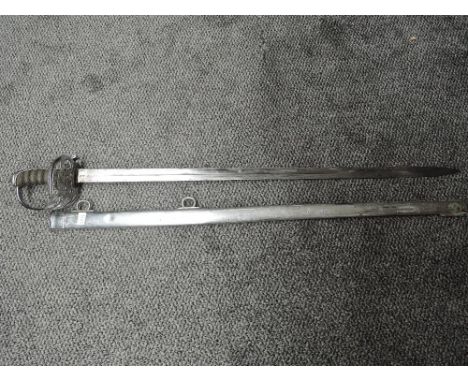 A British Infantry Officers Sword 1822 pattern with metal scabbard, gothic hilt with VR cypher, blade has several markings in