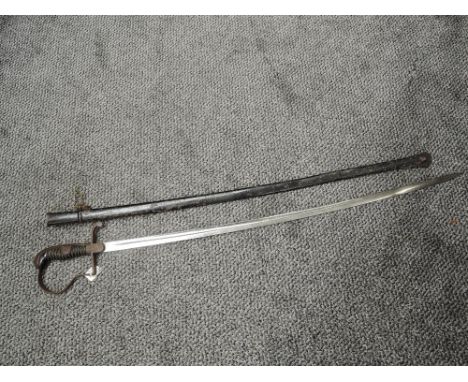 A German Officers Sword C.1880 with stirrup knuckle guard, curved blade, blade marked F W Holler Solingen, with metal scabbar