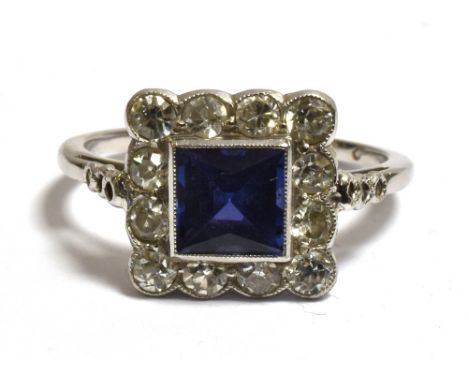 SAPPHIRE &amp; OLD CUT DIAMOND RING mounted in 18ct white gold and platinum, 10.2mm square head, mille grain set with a squar