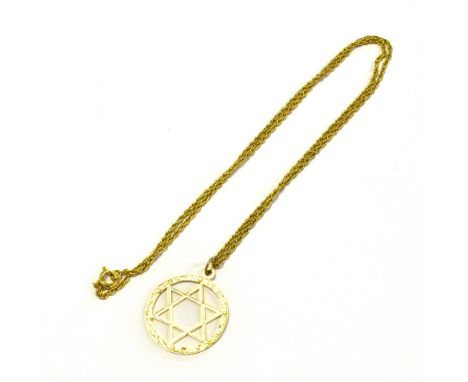 9CT GOLD PENDANT AND CHAIN 2.5cm diameter Star of David pendant within scroll engraved frame, hallmarked 375 Birmingham 1996.
